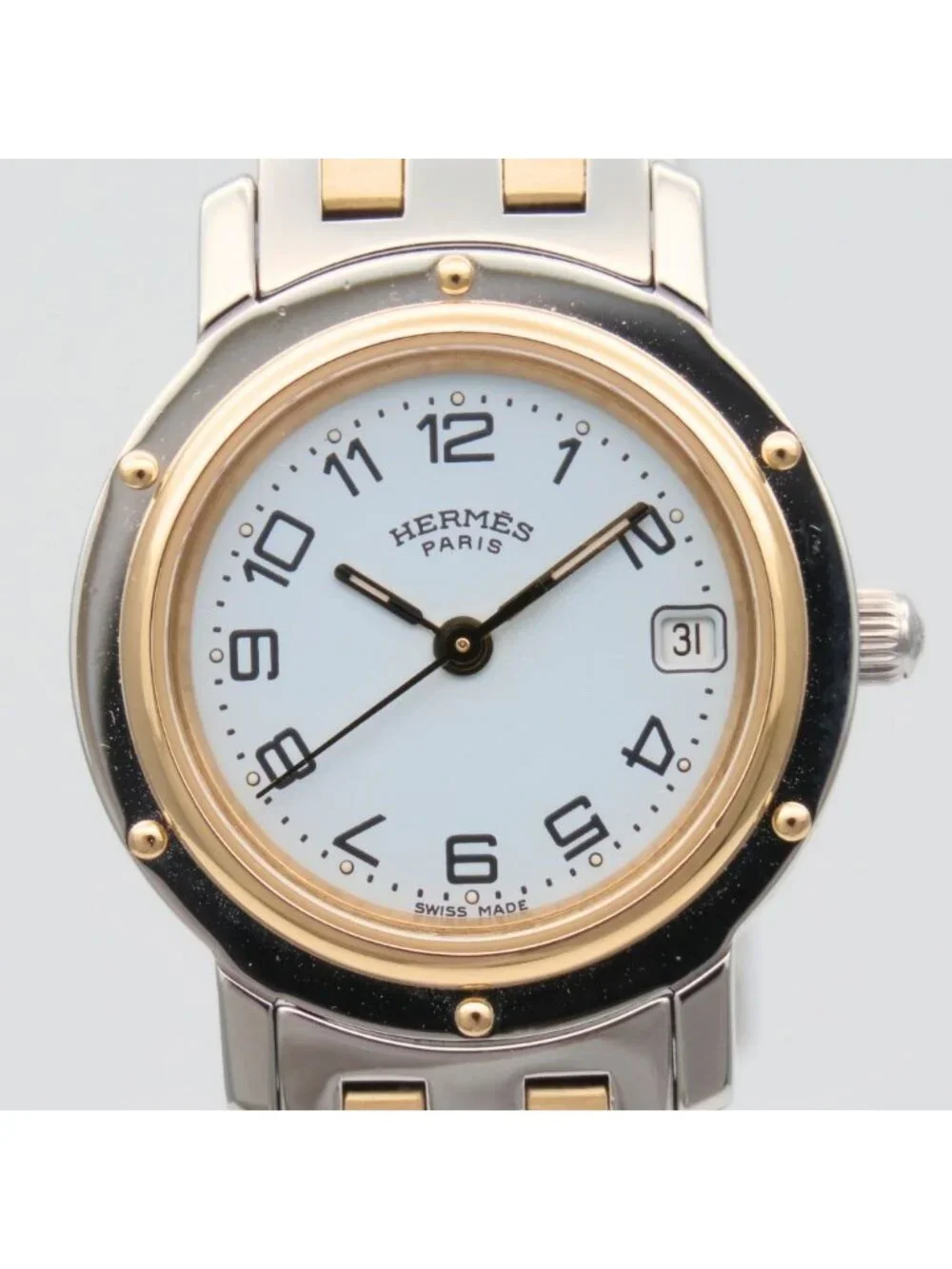 Hermes Watch Clipper Stainless Steel Silver Gold Dial White Plated SS